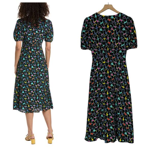 STAUD Milla Puff-Sleeve Midi-Dress - Black Abstract Wave - 4 - Picture 2 of 15